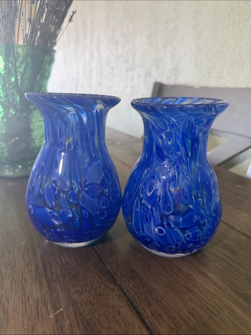 Hand-Blown Blue Art Glass Bud Vases - Pair 5 1/2''